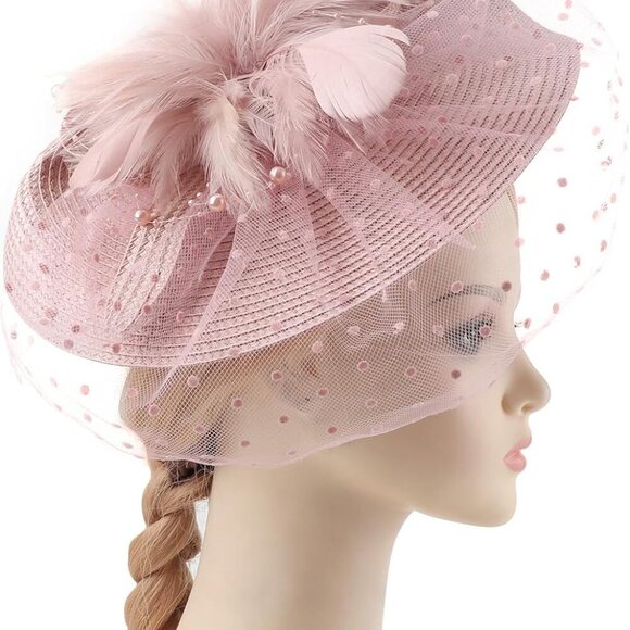 Fascinator Hat Mesh Veil Feathers Women’s Headwear Tea Party Church Vintage - Picture 2 of 7